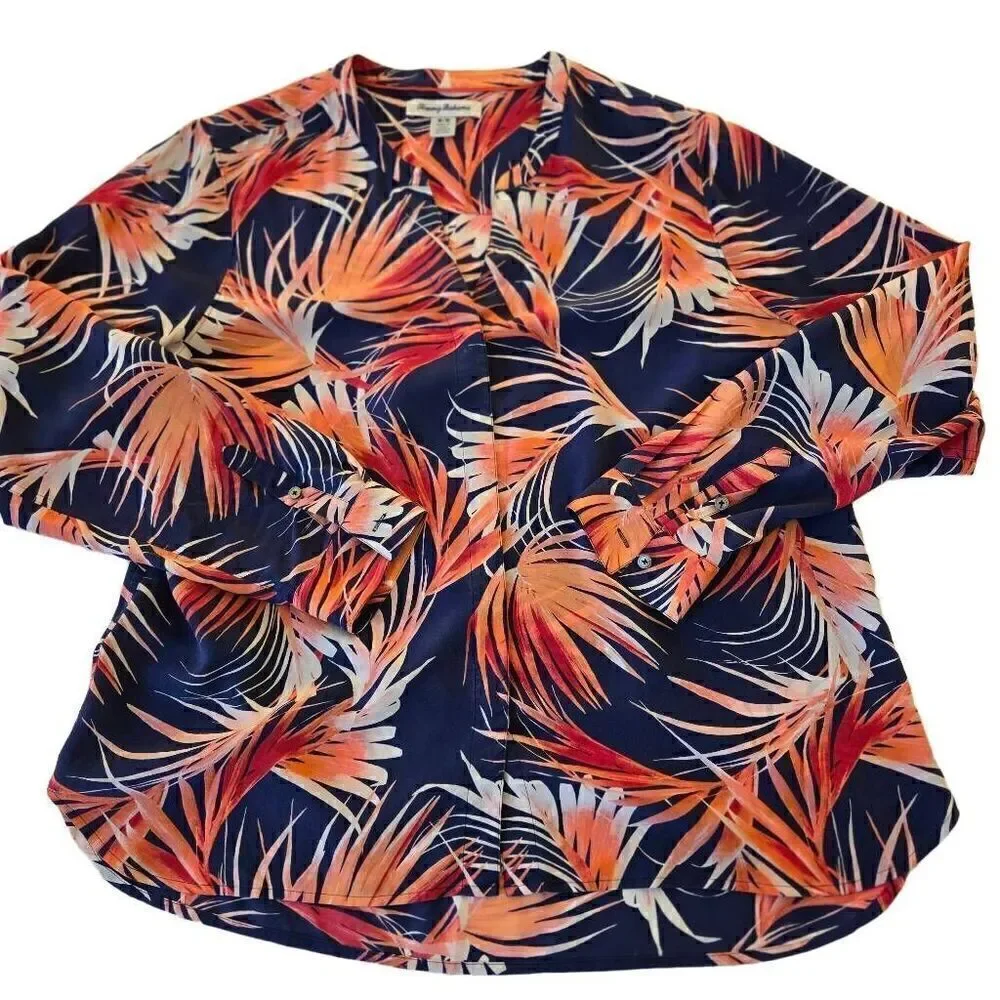 Tommy Bahama Womens Long Sleeve Tropical Silk Blouse Coral Navy Blue Medium